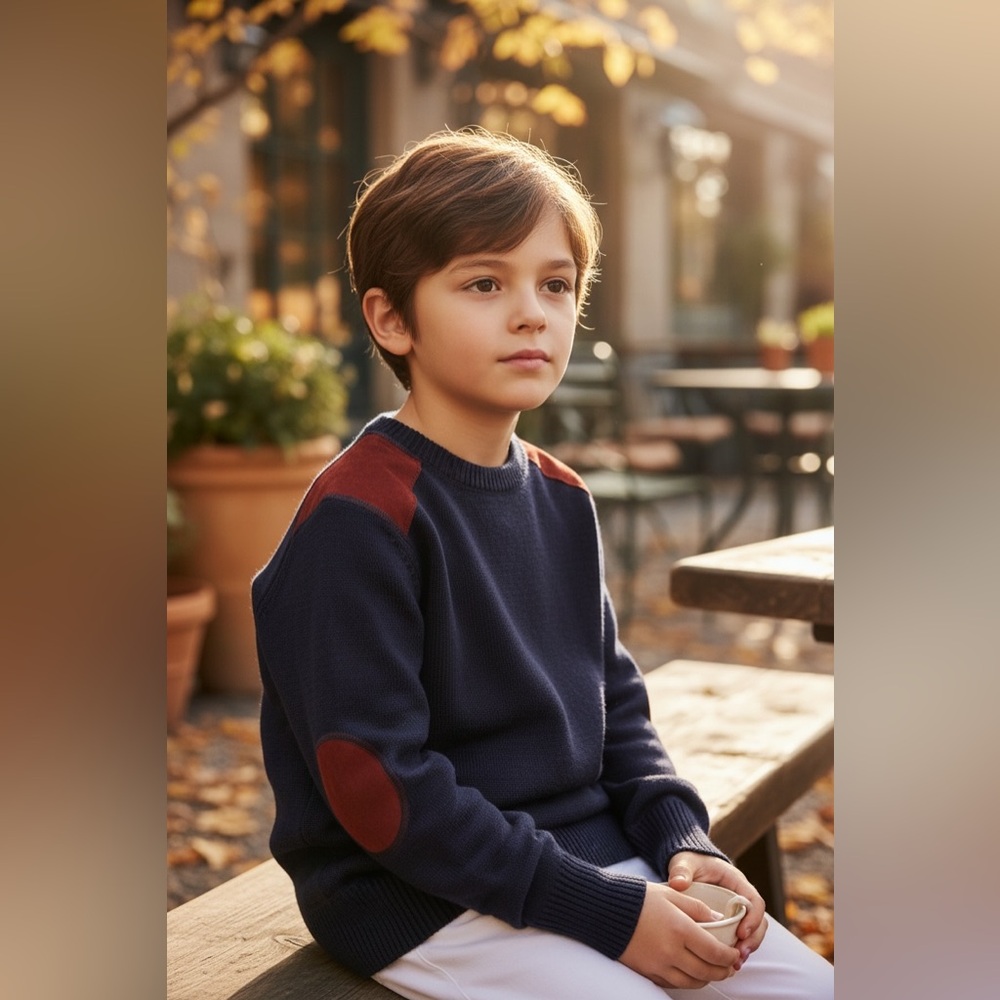 Like New Navy Boys Cotton Blend Sweater with suede faux patches – Size 10
